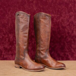 Frye Wmn Melissa Button Cognac Distress Leather Equestrian Riding Knee Boots 6